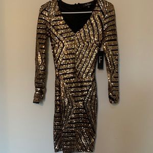 lulu’s gold sequin body con long sleeve dress